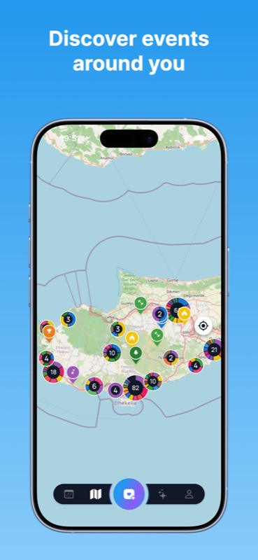 kind.events app showing events on a map of Cyprus