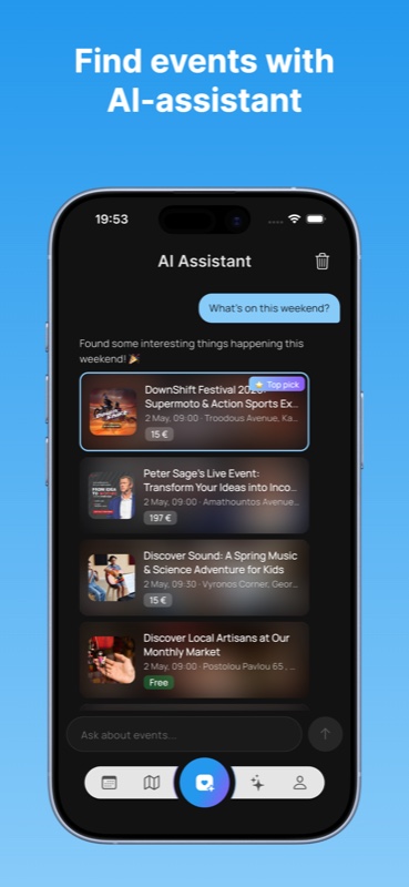 kind.events app showing the AI assistant for finding events